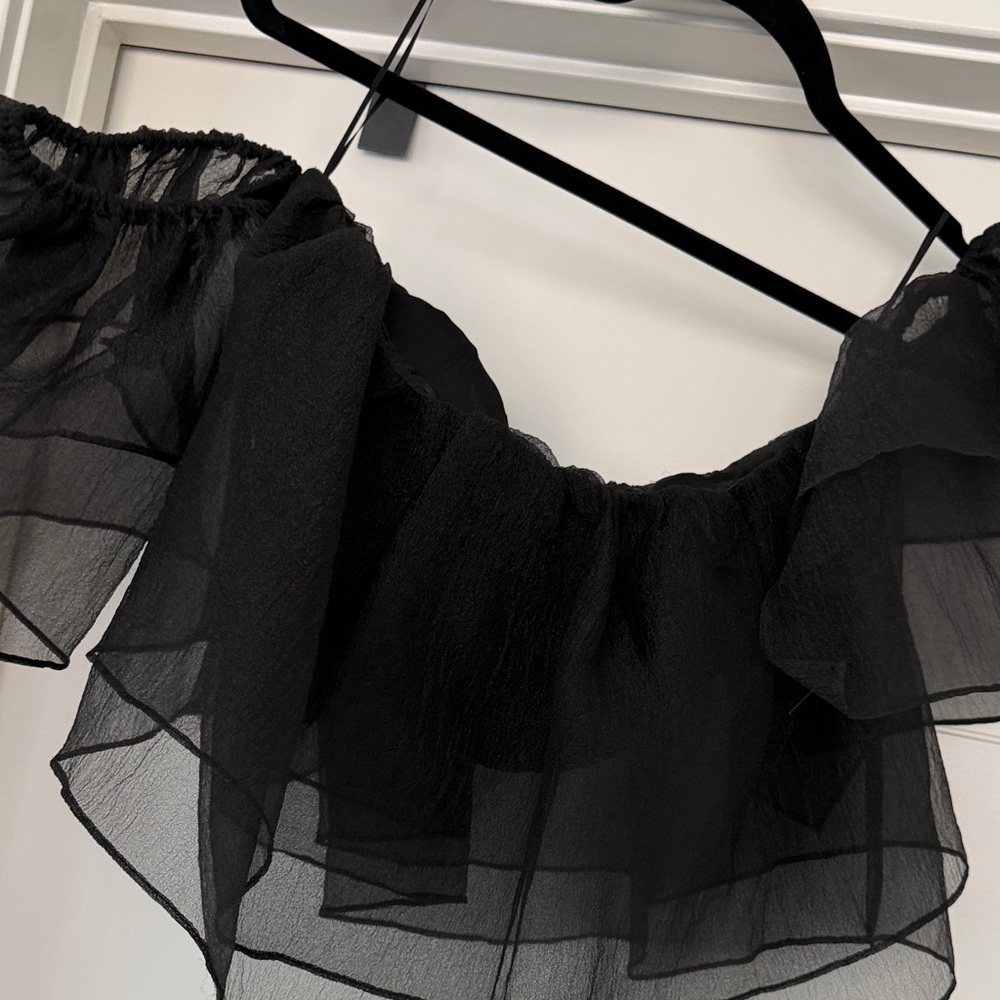 Off-Shoulder Black Sheer Ruffle Blouse - Picture 2 of 5